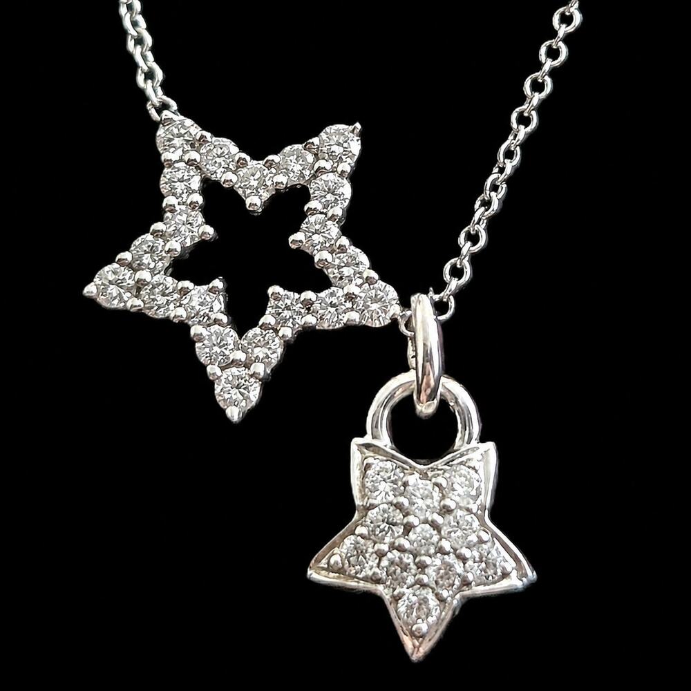 Estate Natural Diamond Star Necklace 18K 14K Gold with Dangle Star Charm Chain
